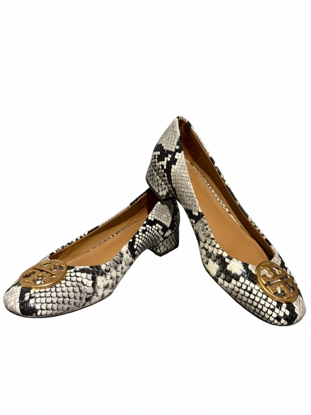 Tory Burch Chelsea Round-Toe‎ Snakeskin-Embossed Leather Pumps.